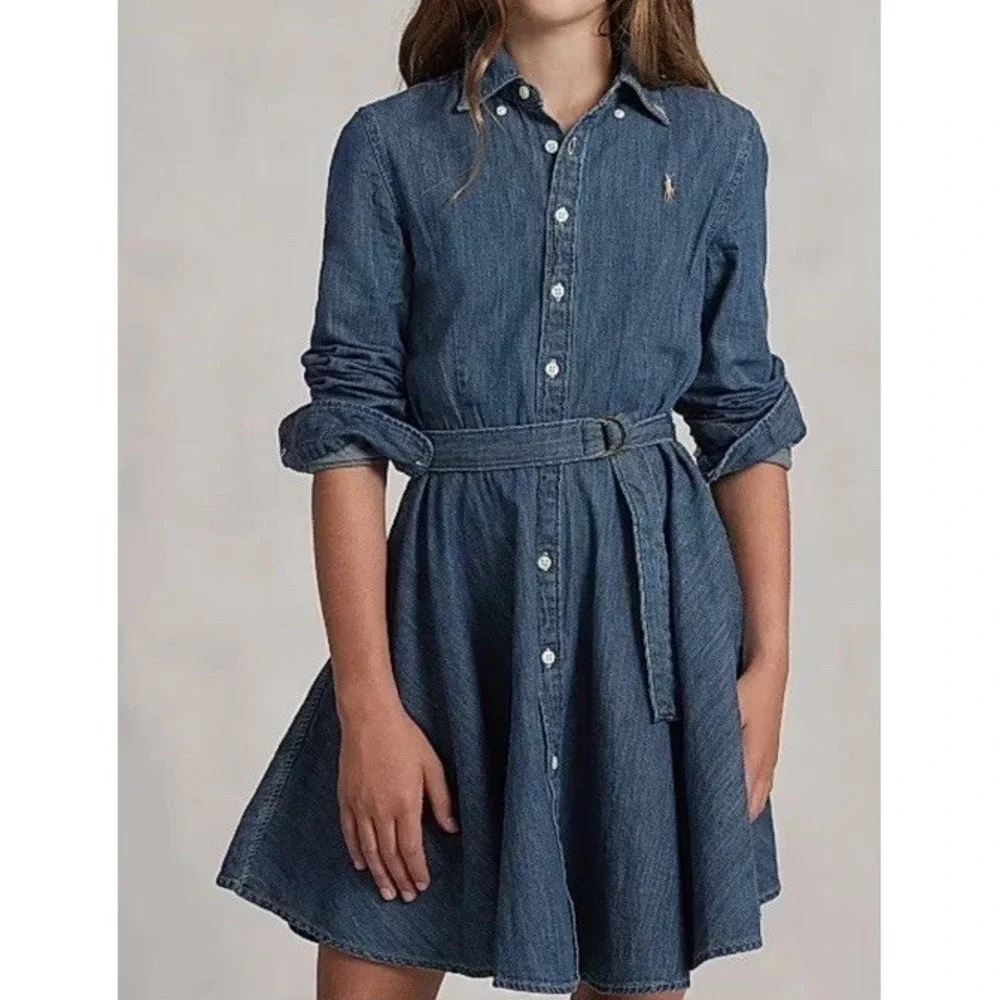 Girls Polo Ralph Lauren Denim Belted Shirt Dress Size 12 Size Western